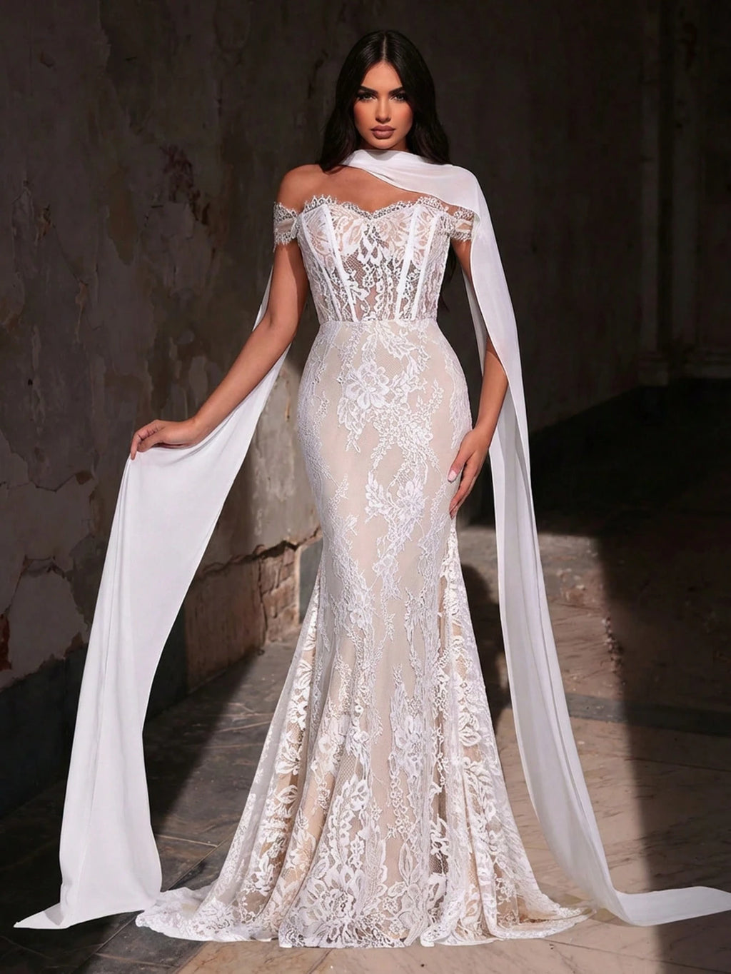 Glamrae White Spring Elegant Wedding Mermaid Dress,Luxurious Stretchy Lace Bridal Gowns With Chiffon Halter - image 2