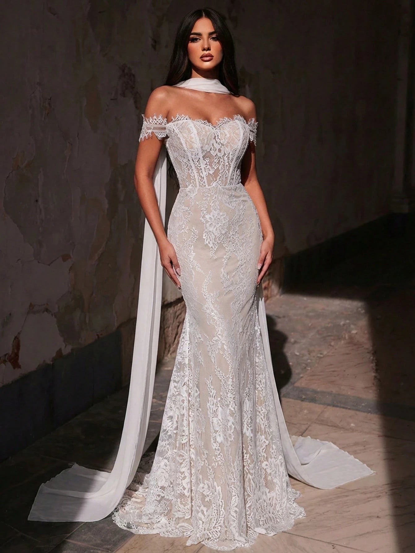 Glamrae White Spring Elegant Wedding Mermaid Dress,Luxurious Stretchy Lace Bridal Gowns With Chiffon Halter - image 7