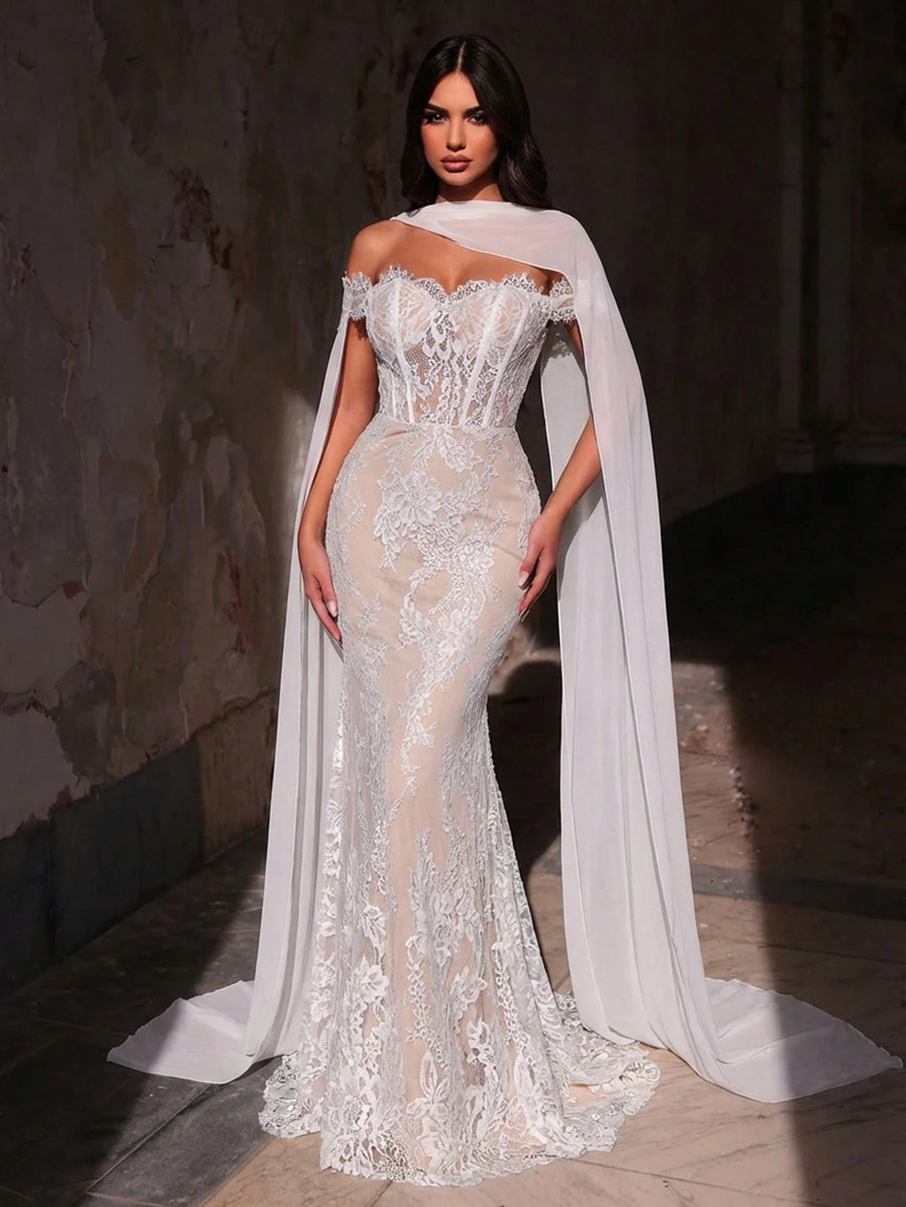 Glamrae White Spring Elegant Wedding Mermaid Dress,Luxurious Stretchy Lace Bridal Gowns With Chiffon Halter - image 8