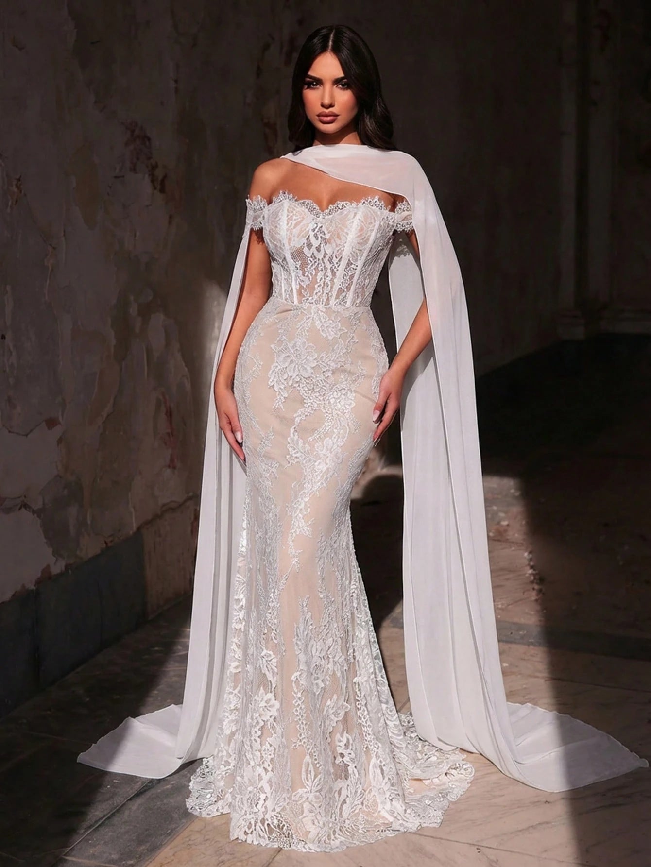 Glamrae White Spring Elegant Wedding Mermaid Dress,Luxurious Stretchy Lace Bridal Gowns With Chiffon Halter - image 8