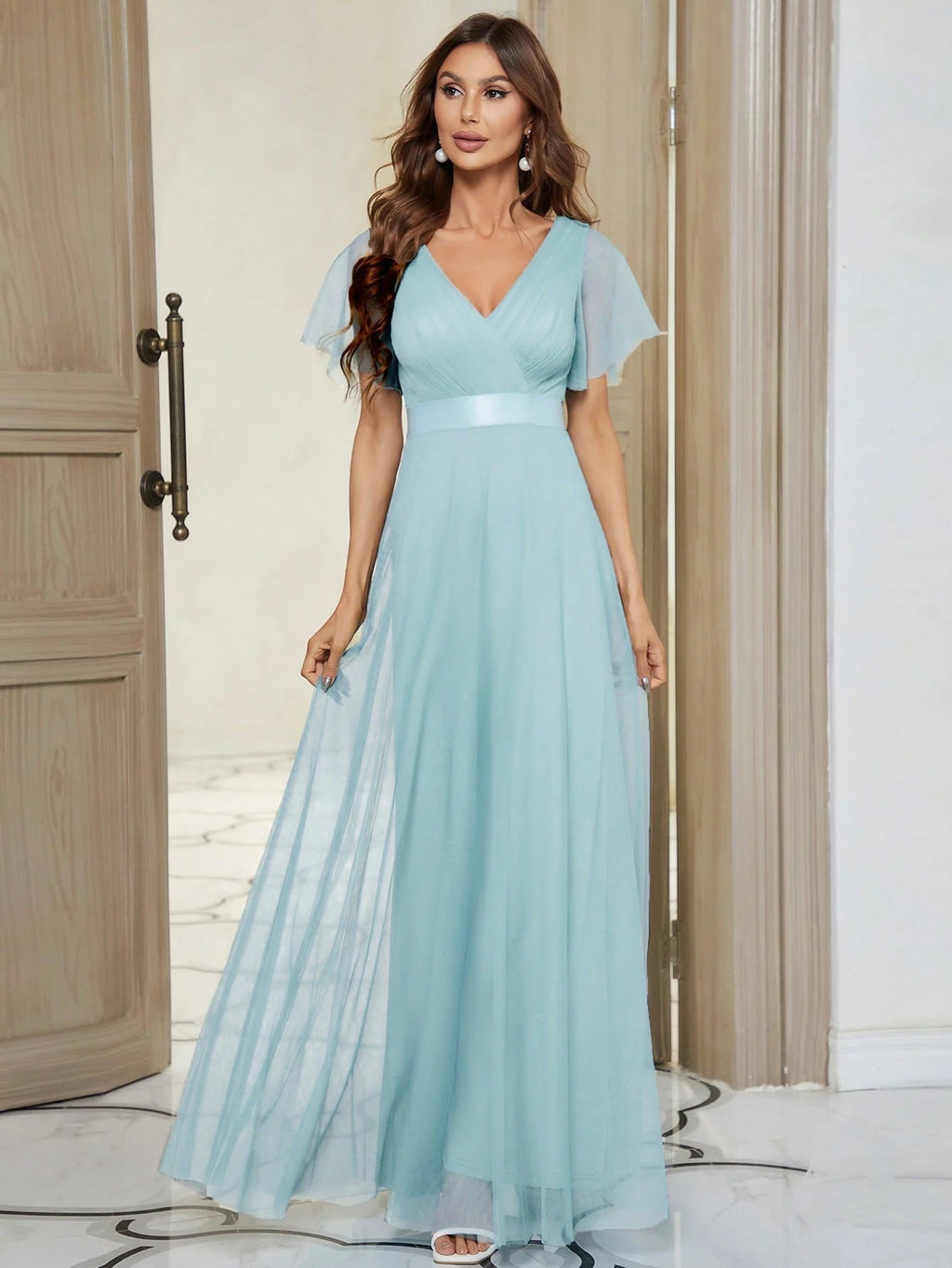 EVERPRETTY Romantic V-Neck A-Line Chiffon Pink Bridesmaid Dress, Suitable For Wedding Guests, Formal - image 4