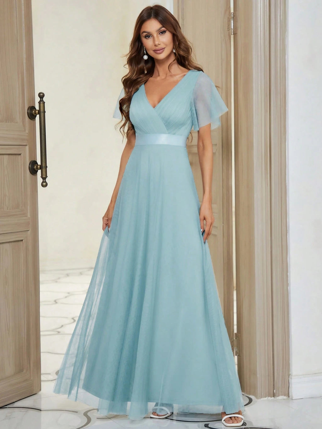 EVERPRETTY Romantic V-Neck A-Line Chiffon Pink Bridesmaid Dress, Suitable For Wedding Guests, Formal - image 3