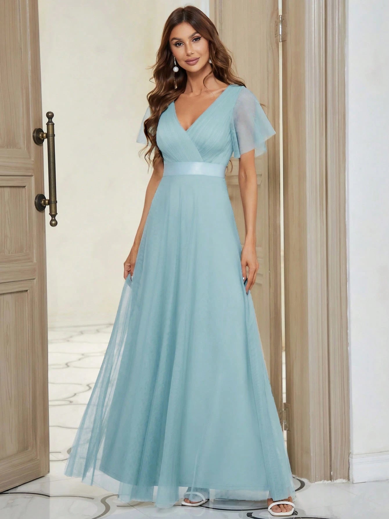 EVERPRETTY Romantic V-Neck A-Line Chiffon Pink Bridesmaid Dress, Suitable For Wedding Guests, Formal - image 3