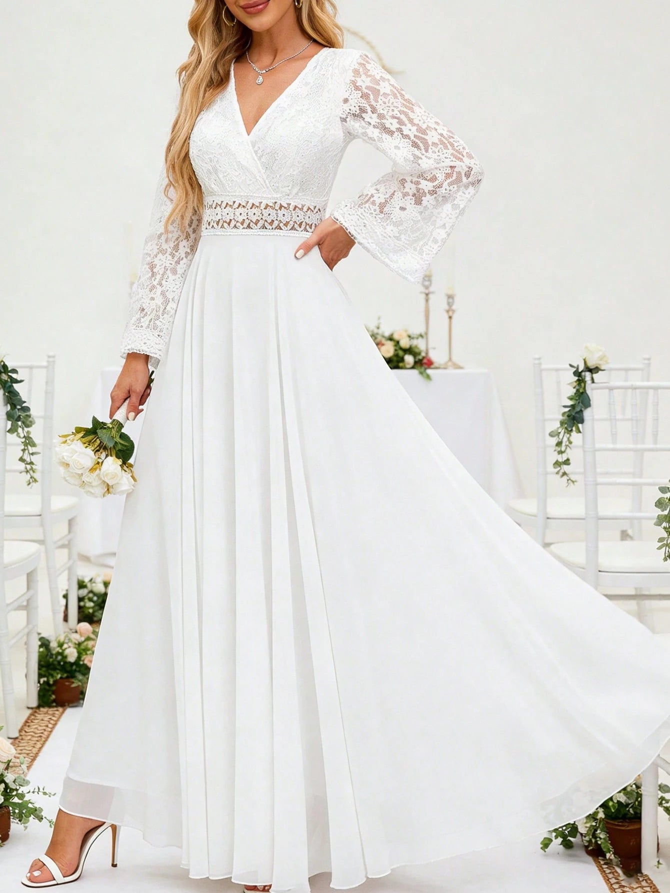Floral Lace Dress, Chiffon Long Sleeve V-Neck Design, Suitable For Weddings Or Formal Occasions | Delicate