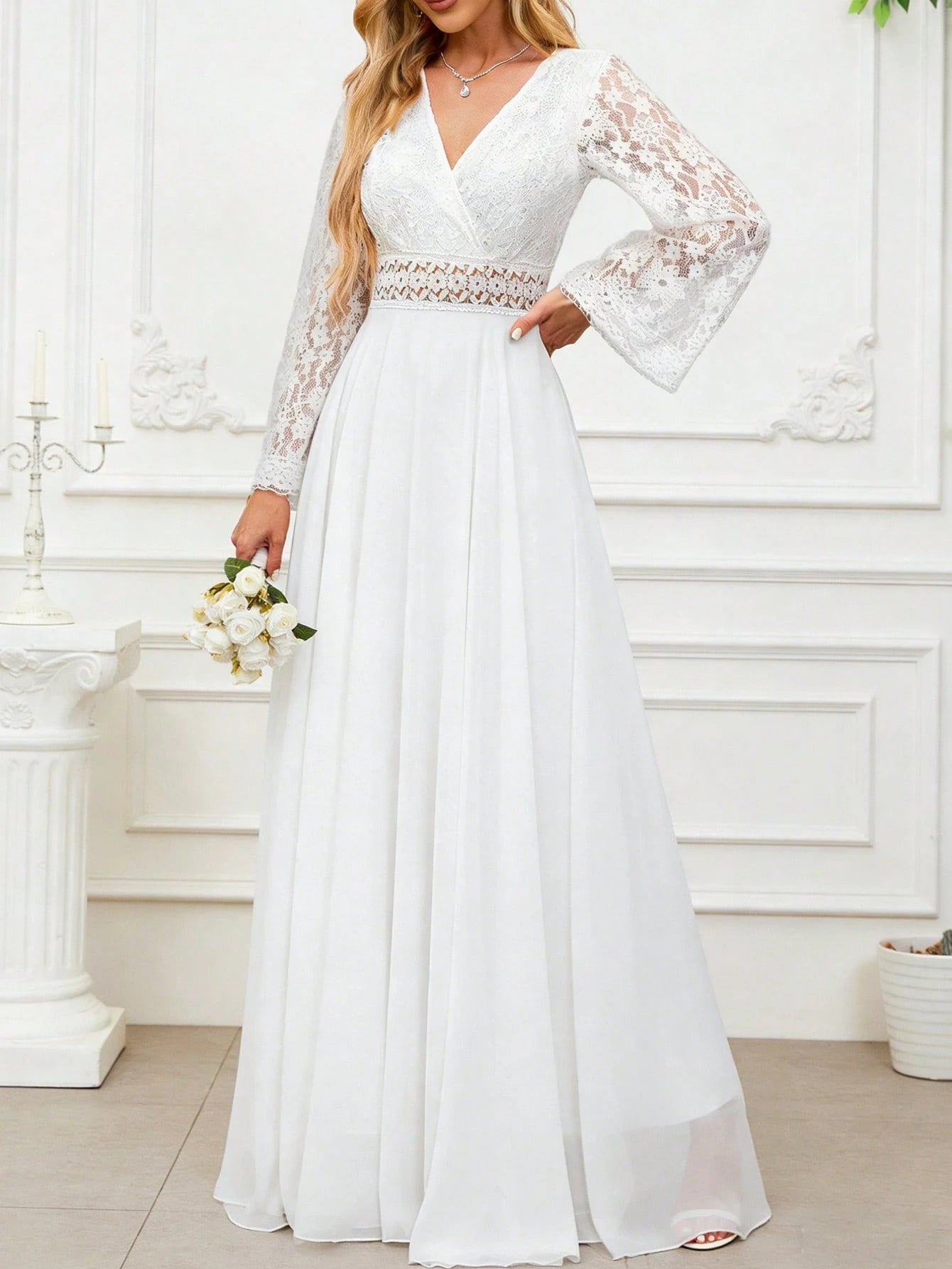 Floral Lace Dress, Chiffon Long Sleeve V-Neck Design, Suitable For Weddings Or Formal Occasions | Delicate - image 2