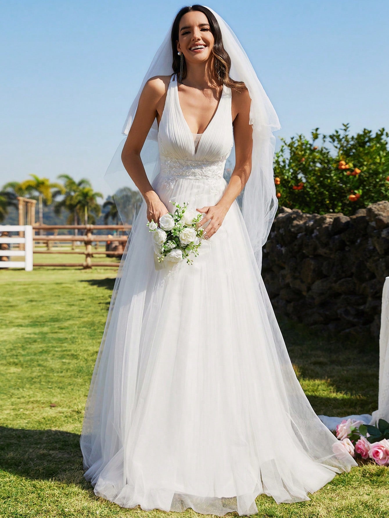 Sleeveless Waist Applique Criss-Cross Backless Tulle Wedding Dress White - image 16