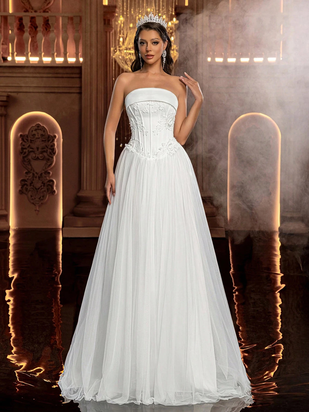 Glamrae Women's White Summer Elegant Prom Wedding Gown,Satin Patchwork Mesh Handcrafted 3D Embroidered - image 6