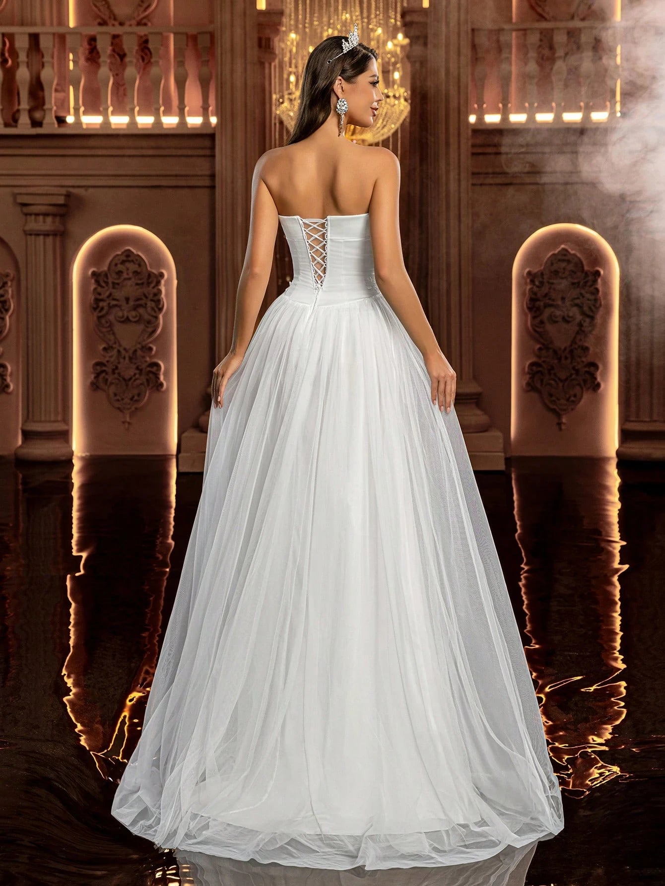 Glamrae Women's White Summer Elegant Prom Wedding Gown,Satin Patchwork Mesh Handcrafted 3D Embroidered - image 2