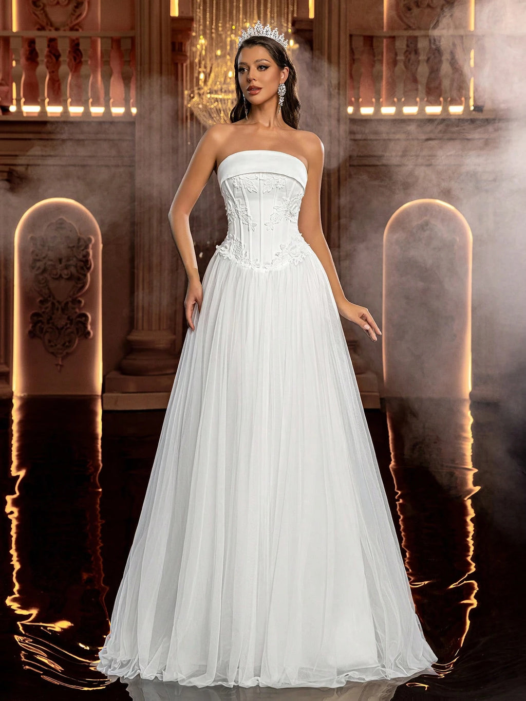 Glamrae Women's White Summer Elegant Prom Wedding Gown,Satin Patchwork Mesh Handcrafted 3D Embroidered - image 4