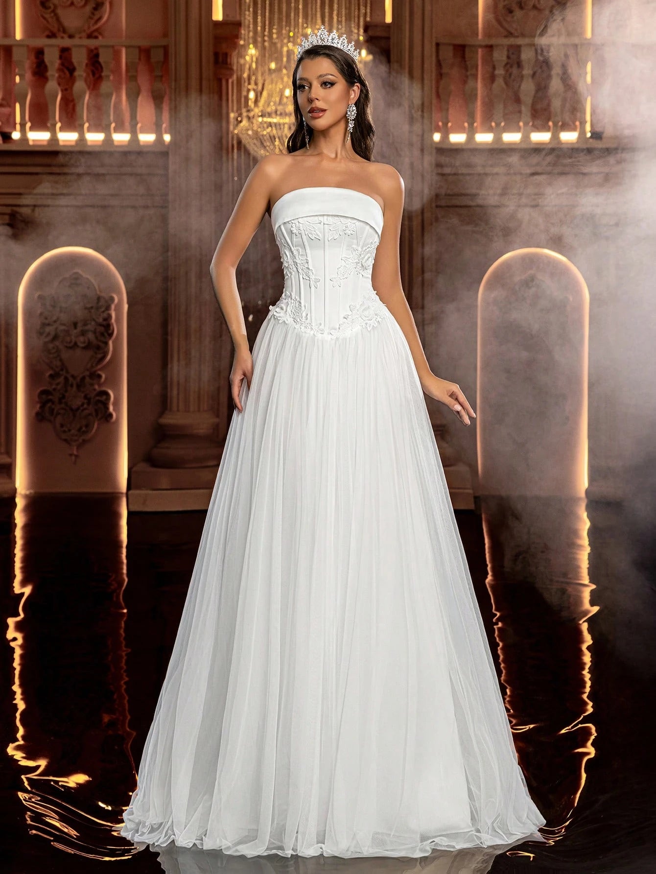 Glamrae Women's White Summer Elegant Prom Wedding Gown,Satin Patchwork Mesh Handcrafted 3D Embroidered - image 4