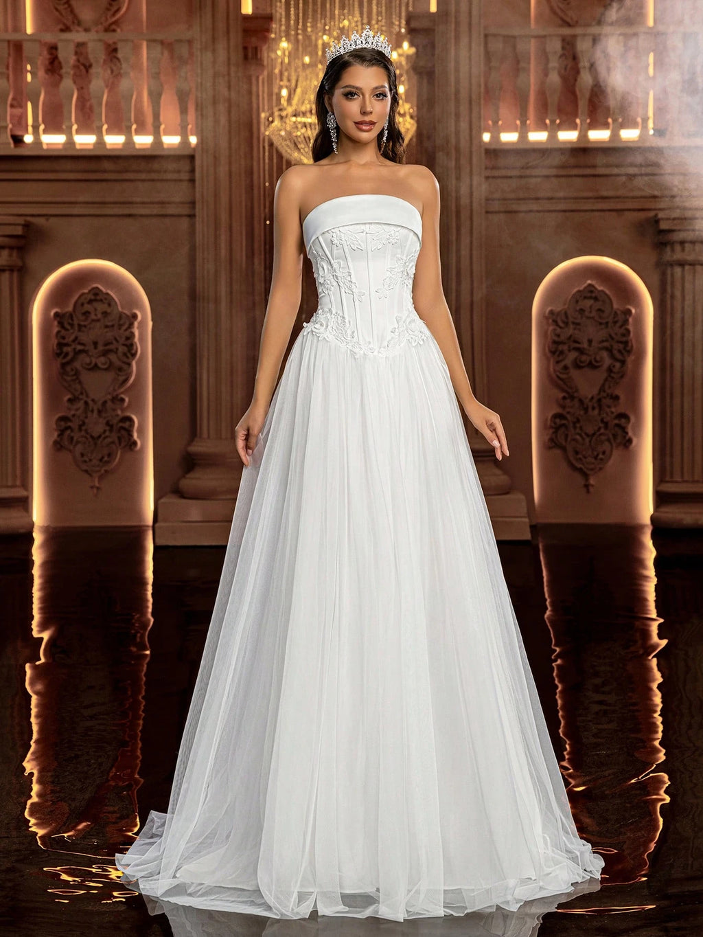 Glamrae Women's White Summer Elegant Prom Wedding Gown,Satin Patchwork Mesh Handcrafted 3D Embroidered