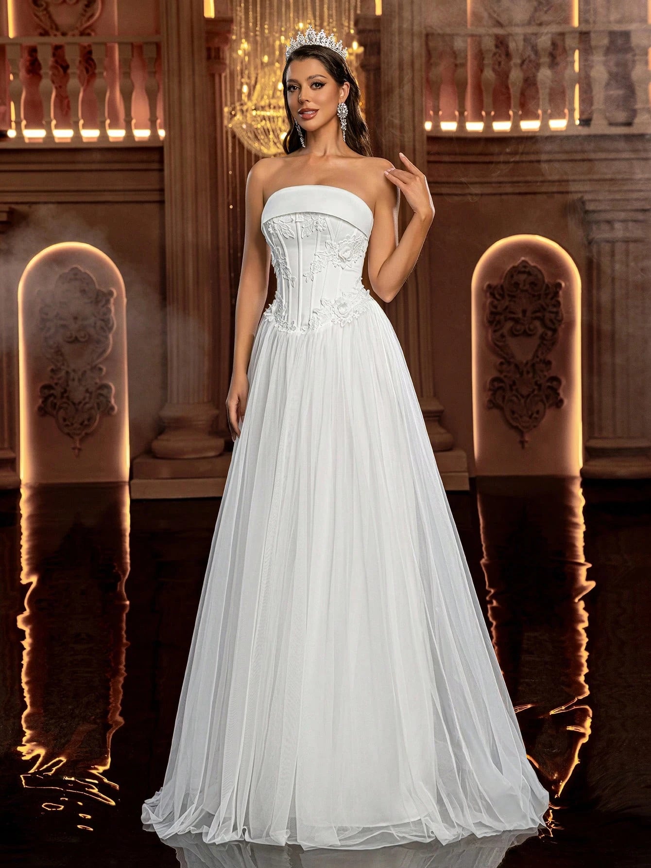 Glamrae Women's White Summer Elegant Prom Wedding Gown,Satin Patchwork Mesh Handcrafted 3D Embroidered - image 5