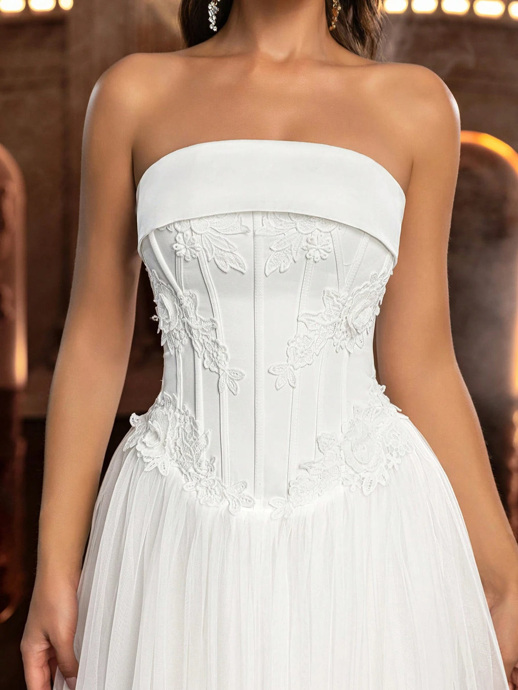 Glamrae Women's White Summer Elegant Prom Wedding Gown,Satin Patchwork Mesh Handcrafted 3D Embroidered - image 7