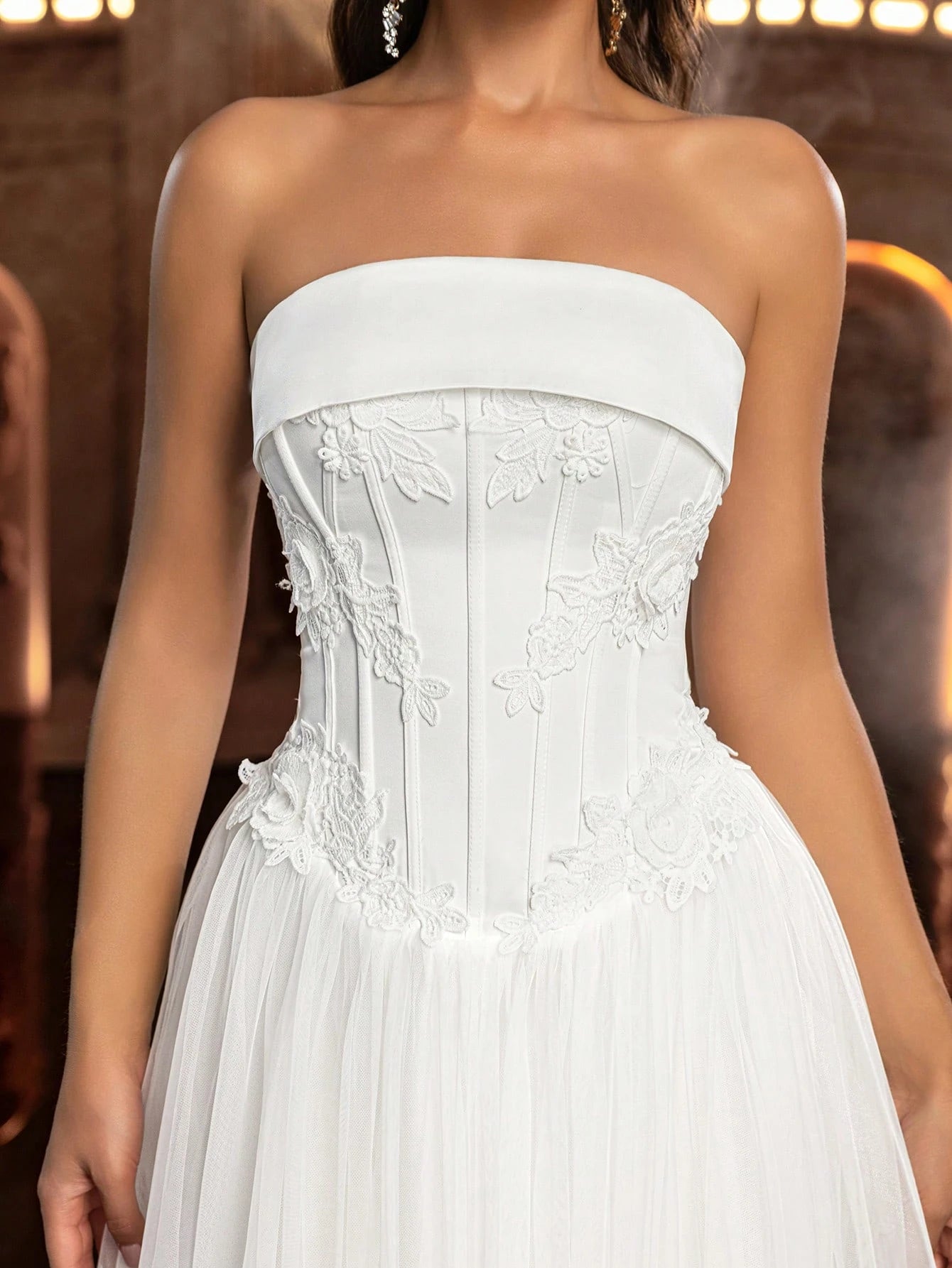Glamrae Women's White Summer Elegant Prom Wedding Gown,Satin Patchwork Mesh Handcrafted 3D Embroidered - image 7
