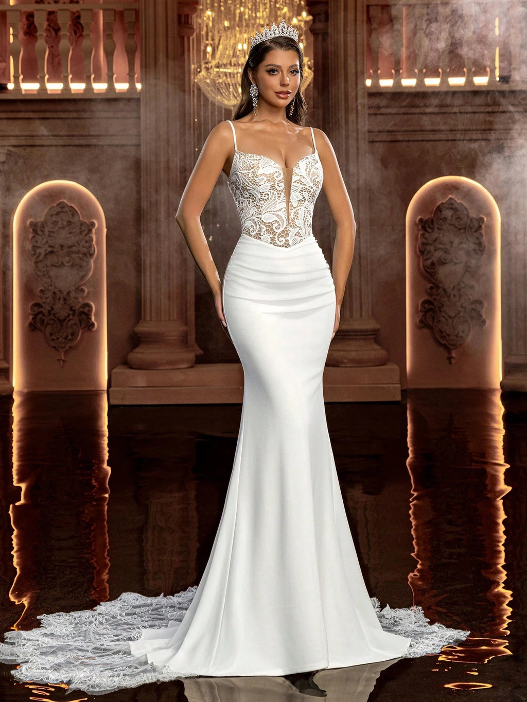 Glamrae White Summer Elegant Party Wedding Dress,French Embroidery Bone Lace Spaghetti Strap Sweetheart - image 6