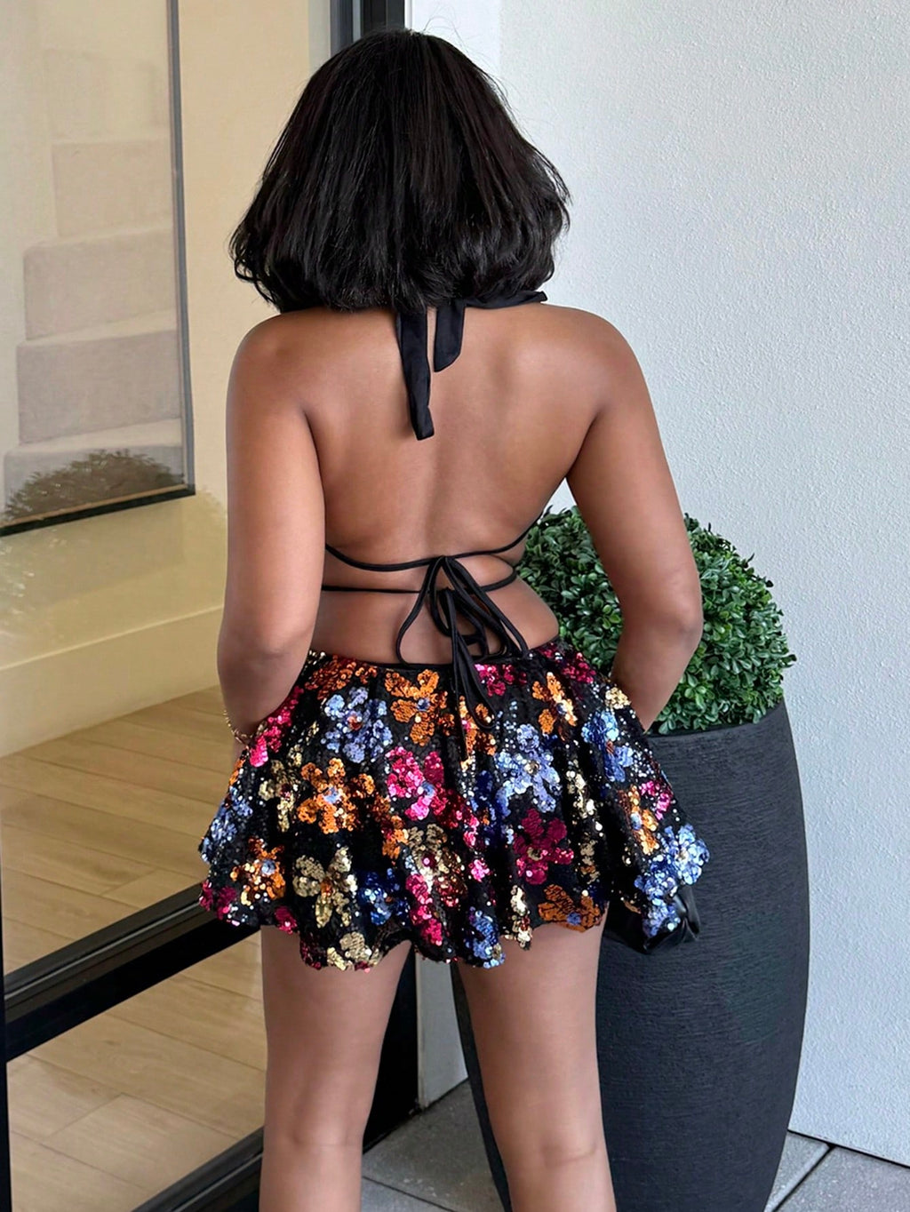 Alexandranx Women's Fashionable Sexy Sequin Backless Halter Mini