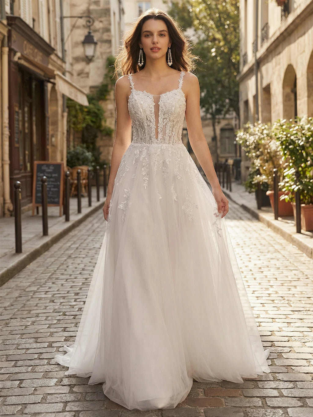 Elegant Long Formal Gown, Wedding Dress With Long Sleeves, Round Neck, Mesh Fabric, Floral Applique And