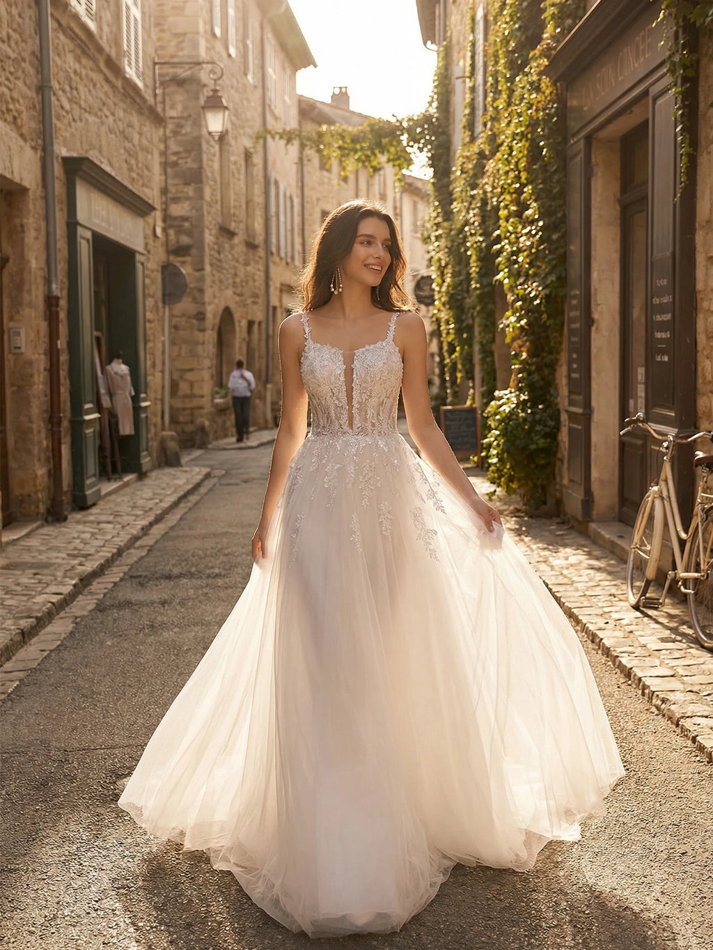 Elegant Long Formal Gown, Wedding Dress With Long Sleeves, Round Neck, Mesh Fabric, Floral Applique And - image 7