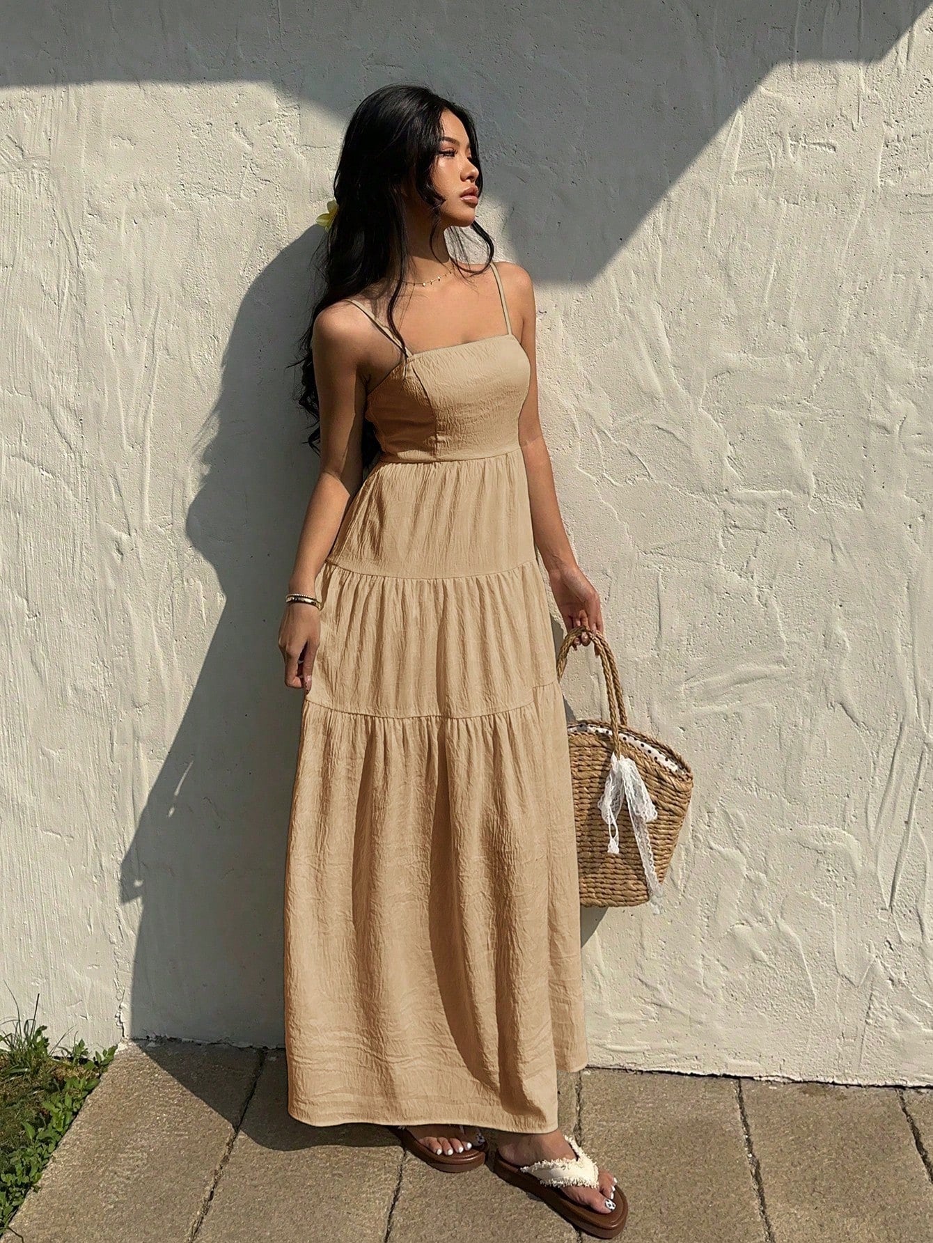 Sunnyshic Light Apricot Textured Fabric Pleated Tube Top Wide Loose