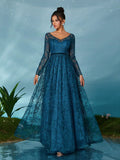 Mgiacy Peacock Blue Floral Lace V-Neck Long Sleeve A-Line Tulle Maxi Dress, Elegant Women's Summer Wedding,