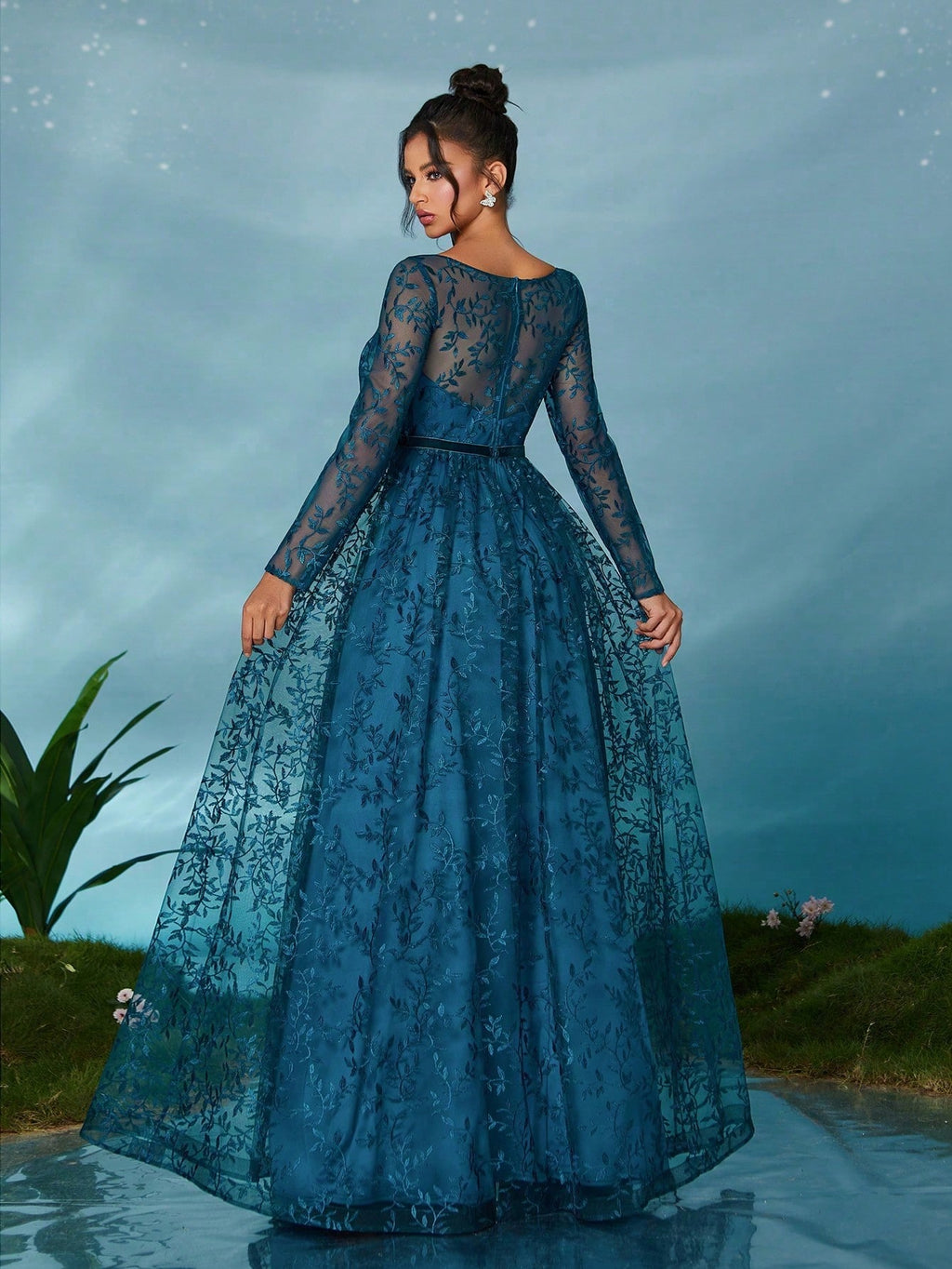 Mgiacy Peacock Blue Floral Lace V-Neck Long Sleeve A-Line Tulle Maxi Dress, Elegant Women's Summer Wedding, - image 2