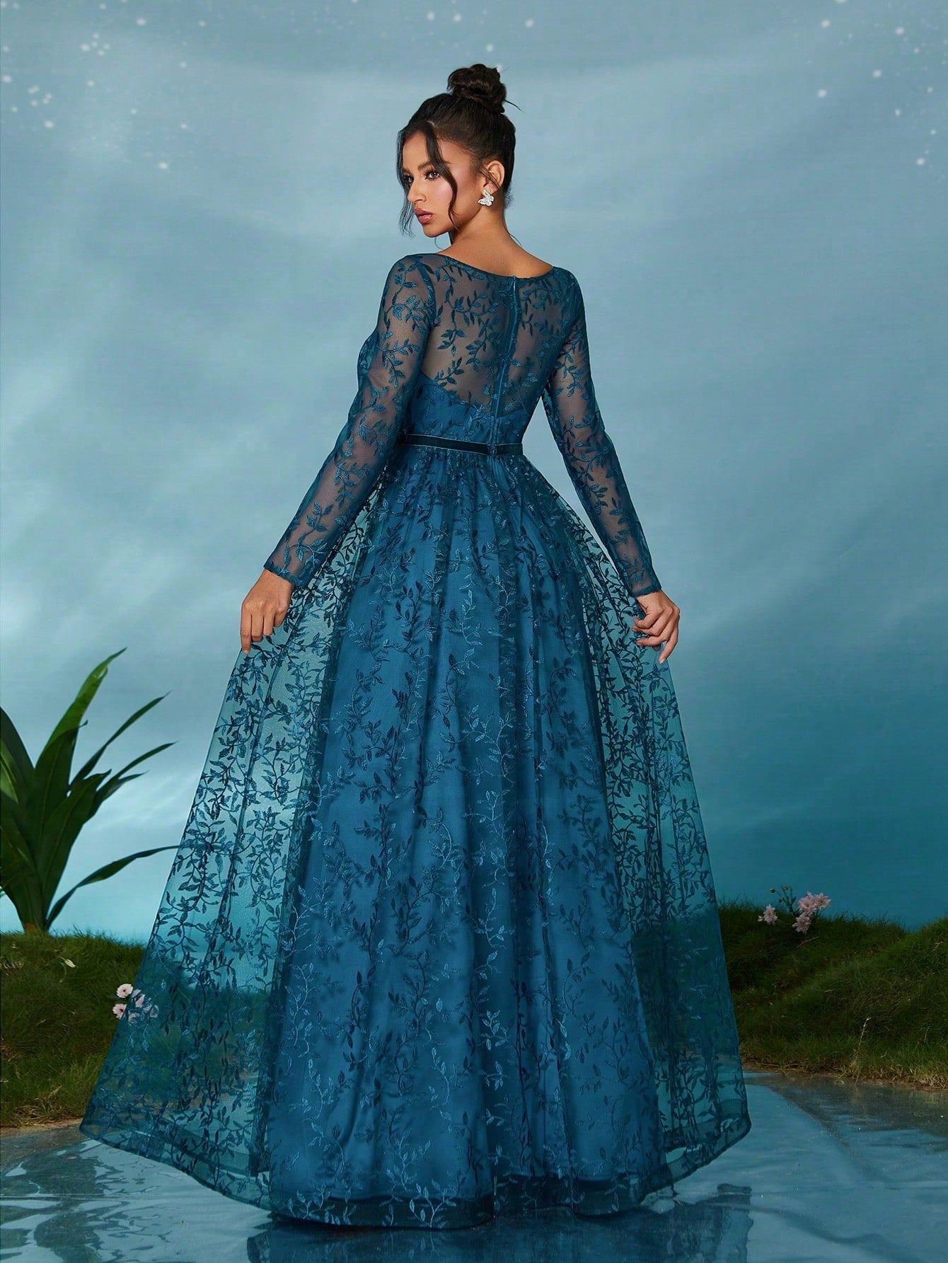 Mgiacy Peacock Blue Floral Lace V-Neck Long Sleeve A-Line Tulle Maxi Dress, Elegant Women's Summer Wedding, - image 2