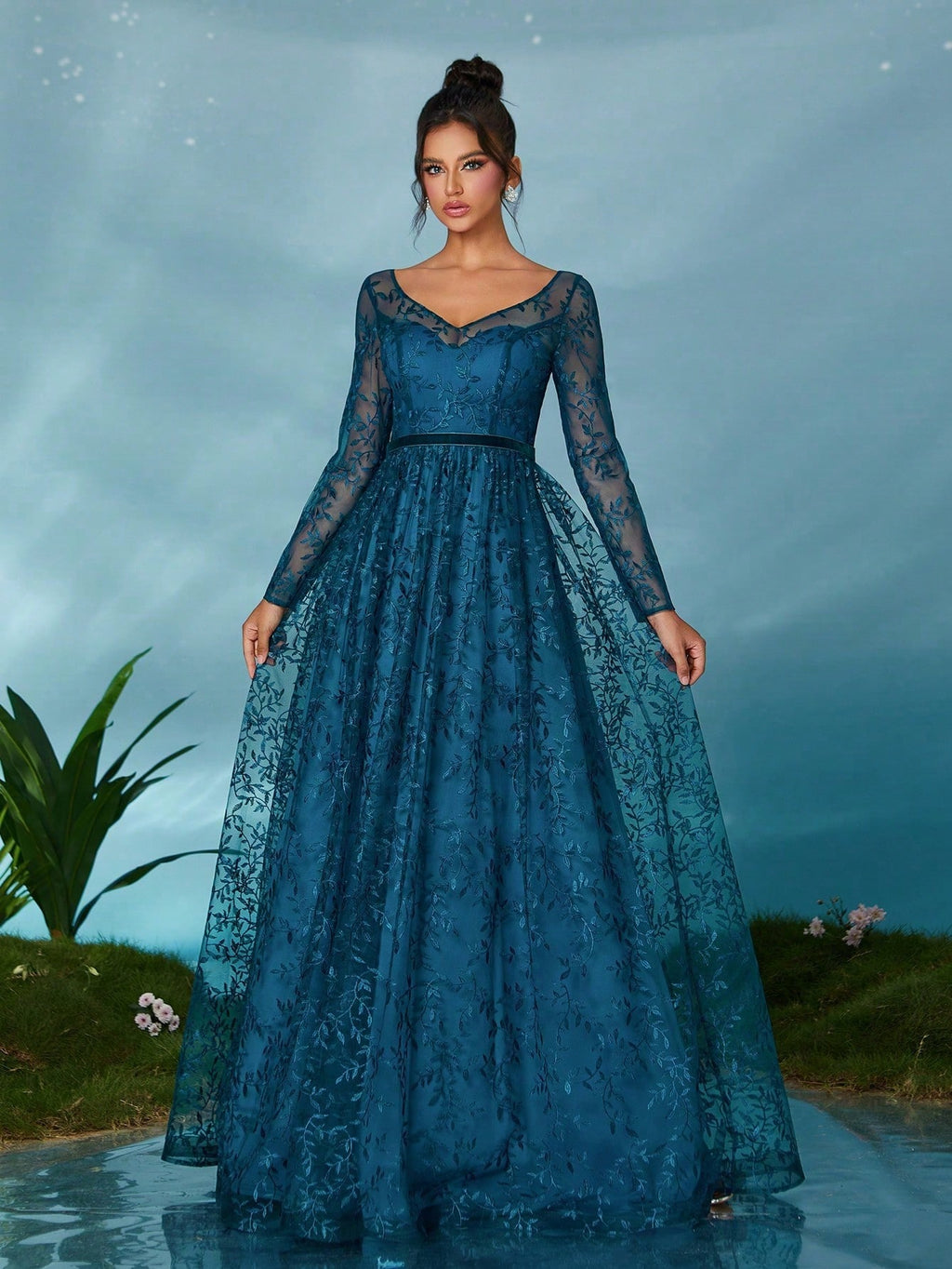 Mgiacy Peacock Blue Floral Lace V-Neck Long Sleeve A-Line Tulle Maxi Dress, Elegant Women's Summer Wedding, - image 3