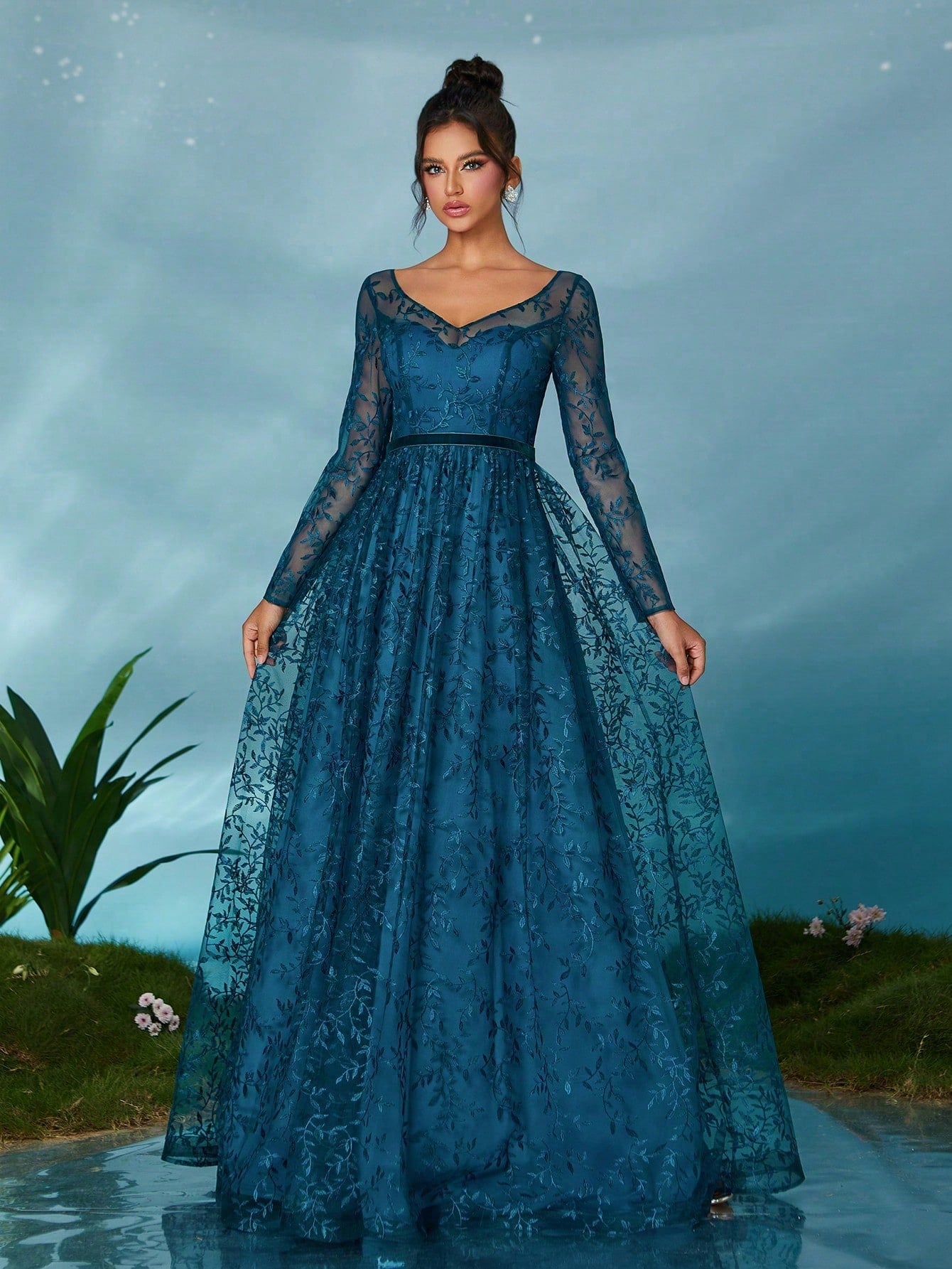 Mgiacy Peacock Blue Floral Lace V-Neck Long Sleeve A-Line Tulle Maxi Dress, Elegant Women's Summer Wedding, - image 3