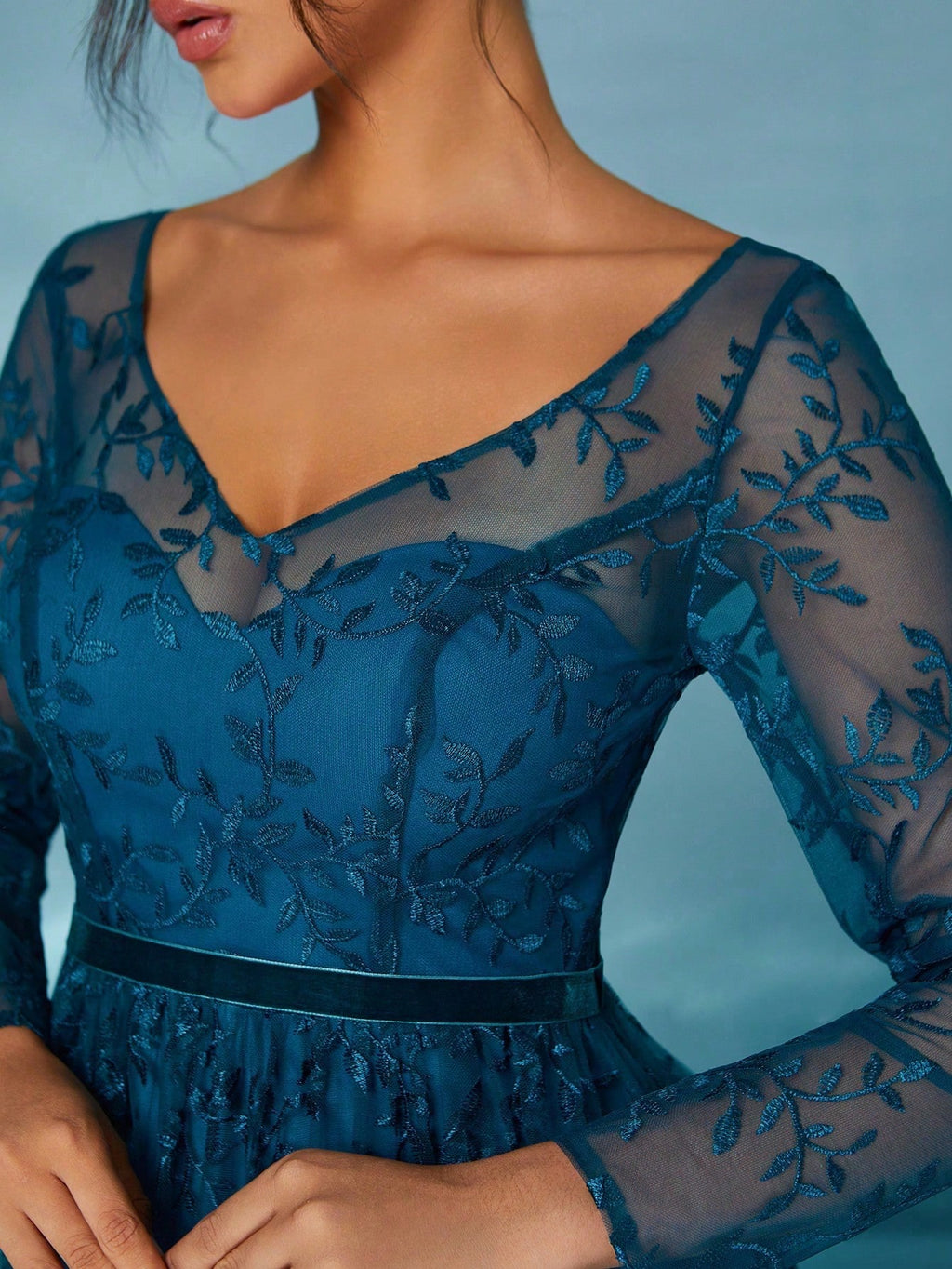Mgiacy Peacock Blue Floral Lace V-Neck Long Sleeve A-Line Tulle Maxi Dress, Elegant Women's Summer Wedding, - image 6