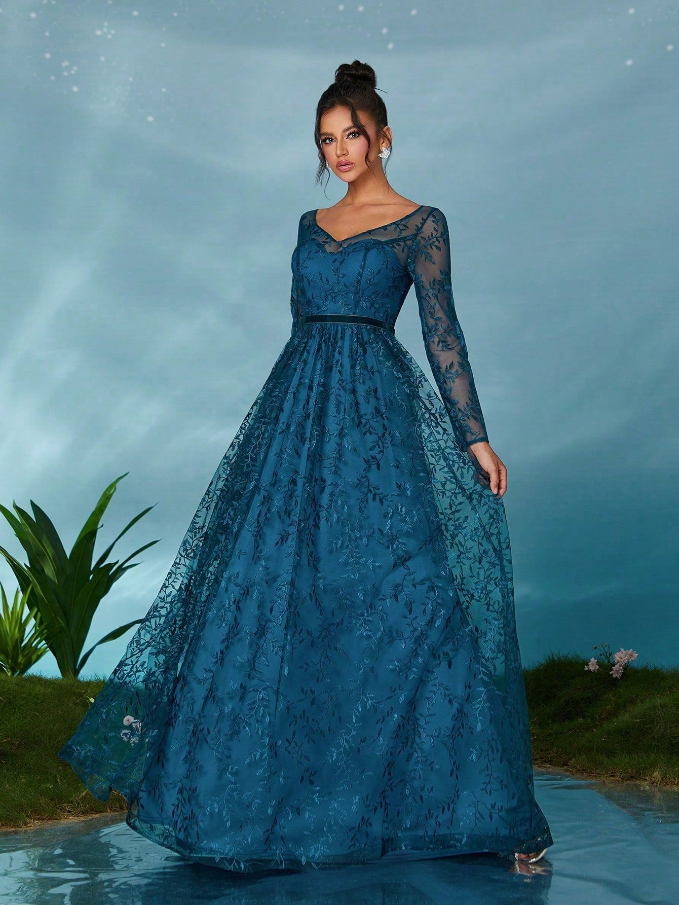 Mgiacy Peacock Blue Floral Lace V-Neck Long Sleeve A-Line Tulle Maxi Dress, Elegant Women's Summer Wedding, - image 5