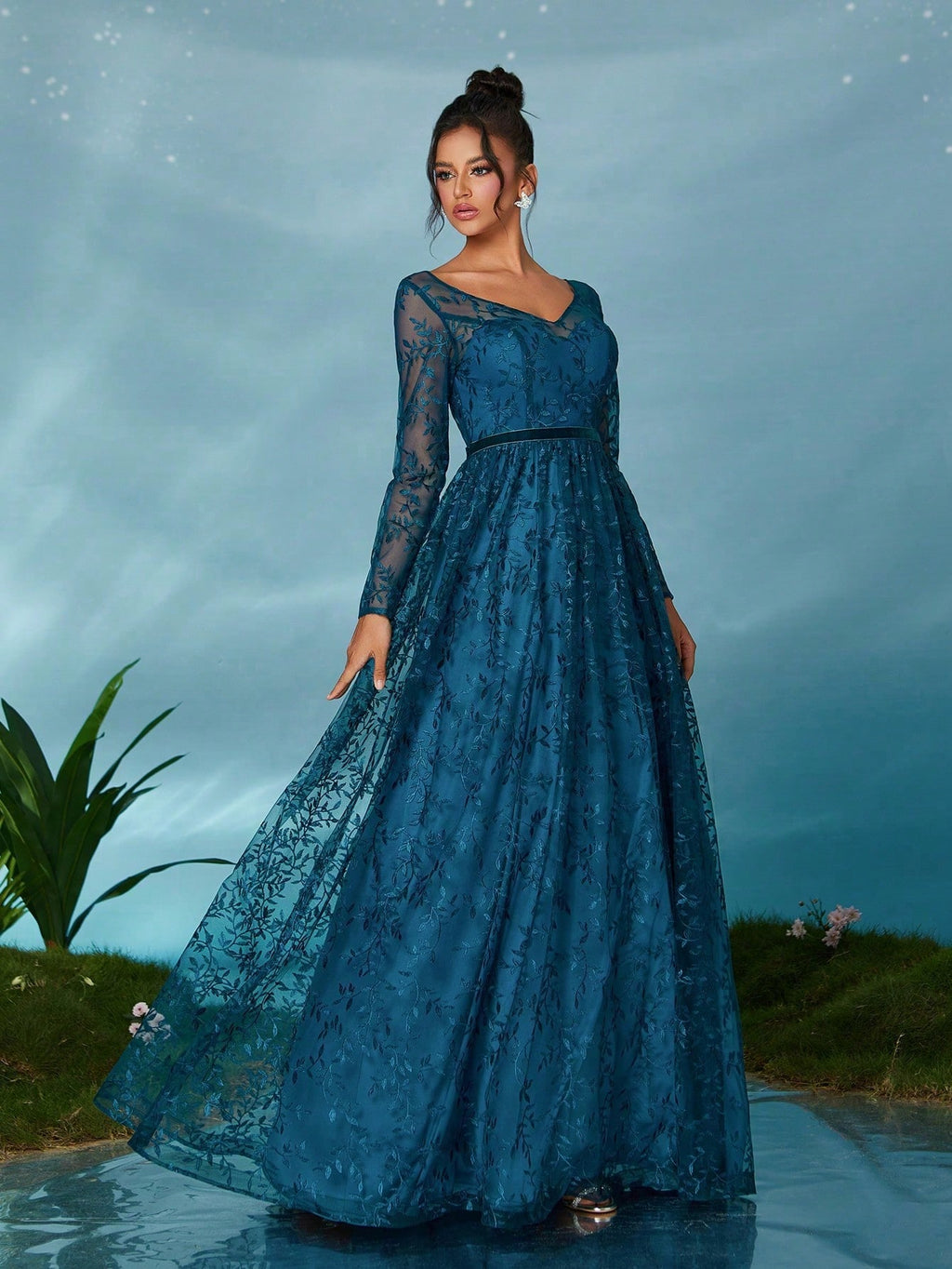 Mgiacy Peacock Blue Floral Lace V-Neck Long Sleeve A-Line Tulle Maxi Dress, Elegant Women's Summer Wedding, - image 4