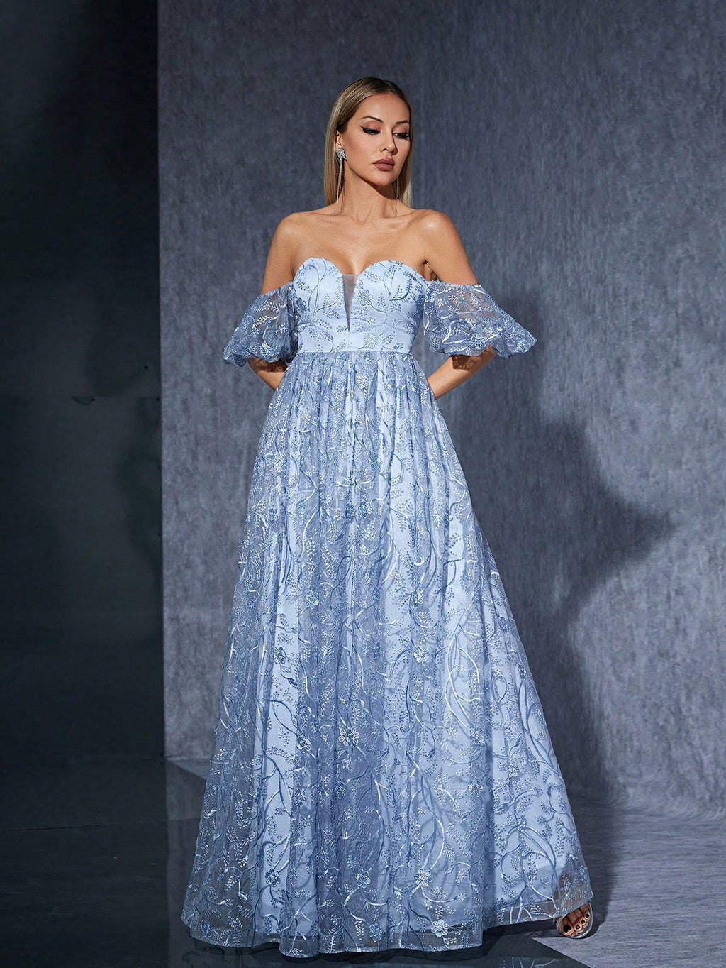 MGIACY Blue Off-Shoulder Floral Lace A-Line Dress With Puff Sleeves, Elegant Women's Summer Ball, Wedding, - image 5
