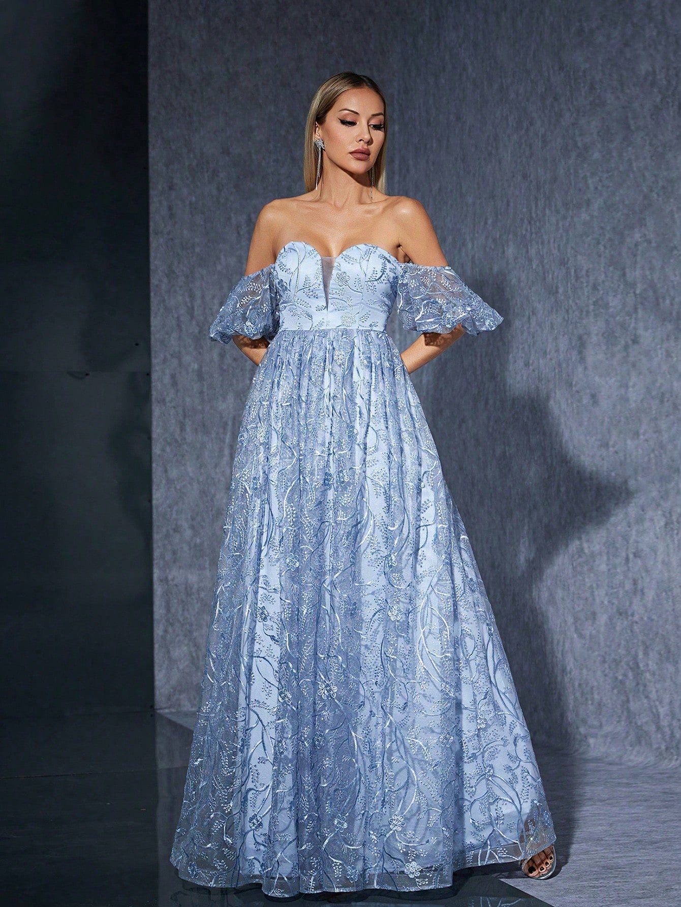 MGIACY Blue Off-Shoulder Floral Lace A-Line Dress With Puff Sleeves, Elegant Women's Summer Ball, Wedding, - image 5