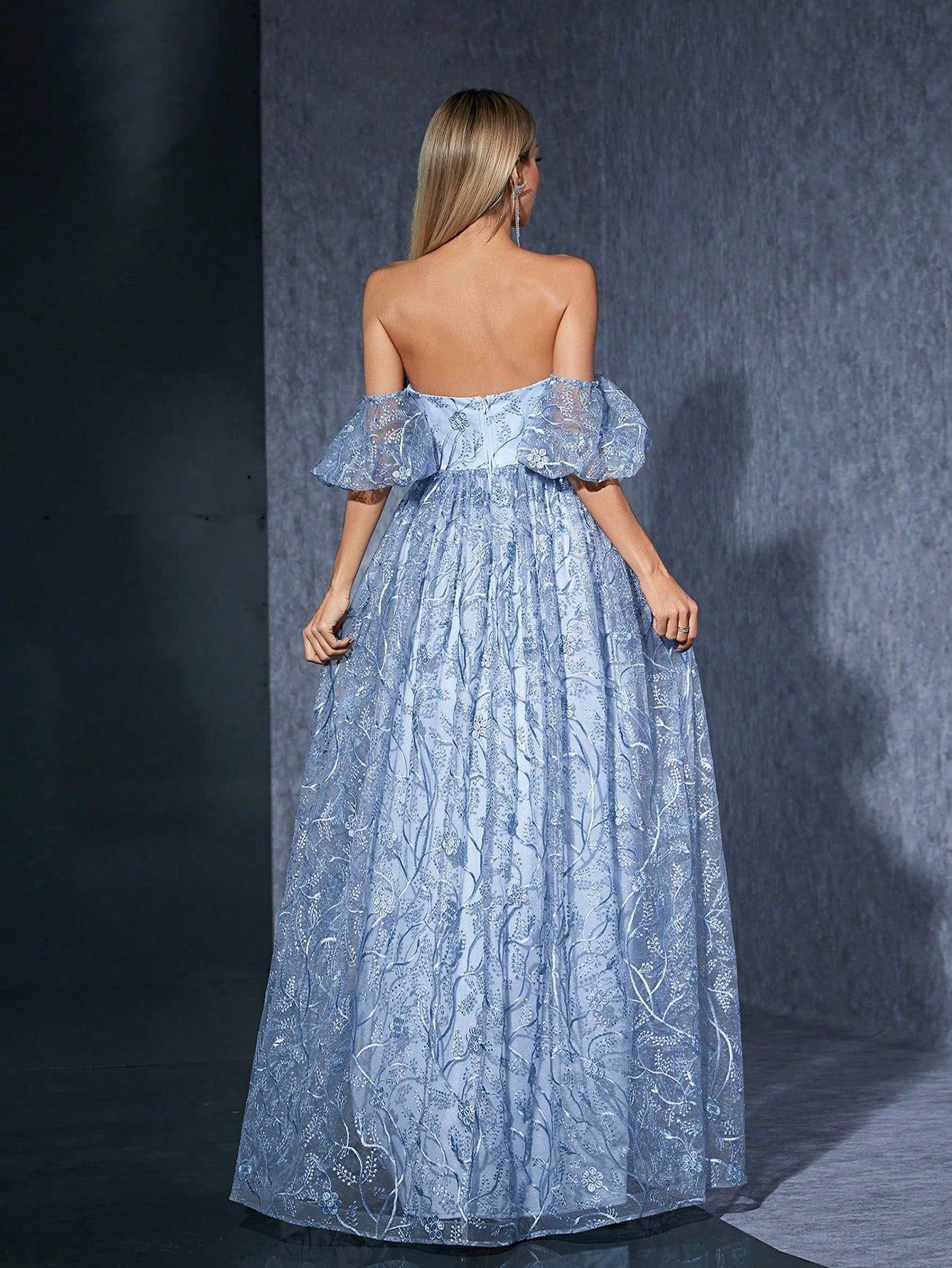 MGIACY Blue Off-Shoulder Floral Lace A-Line Dress With Puff Sleeves, Elegant Women's Summer Ball, Wedding, - image 2