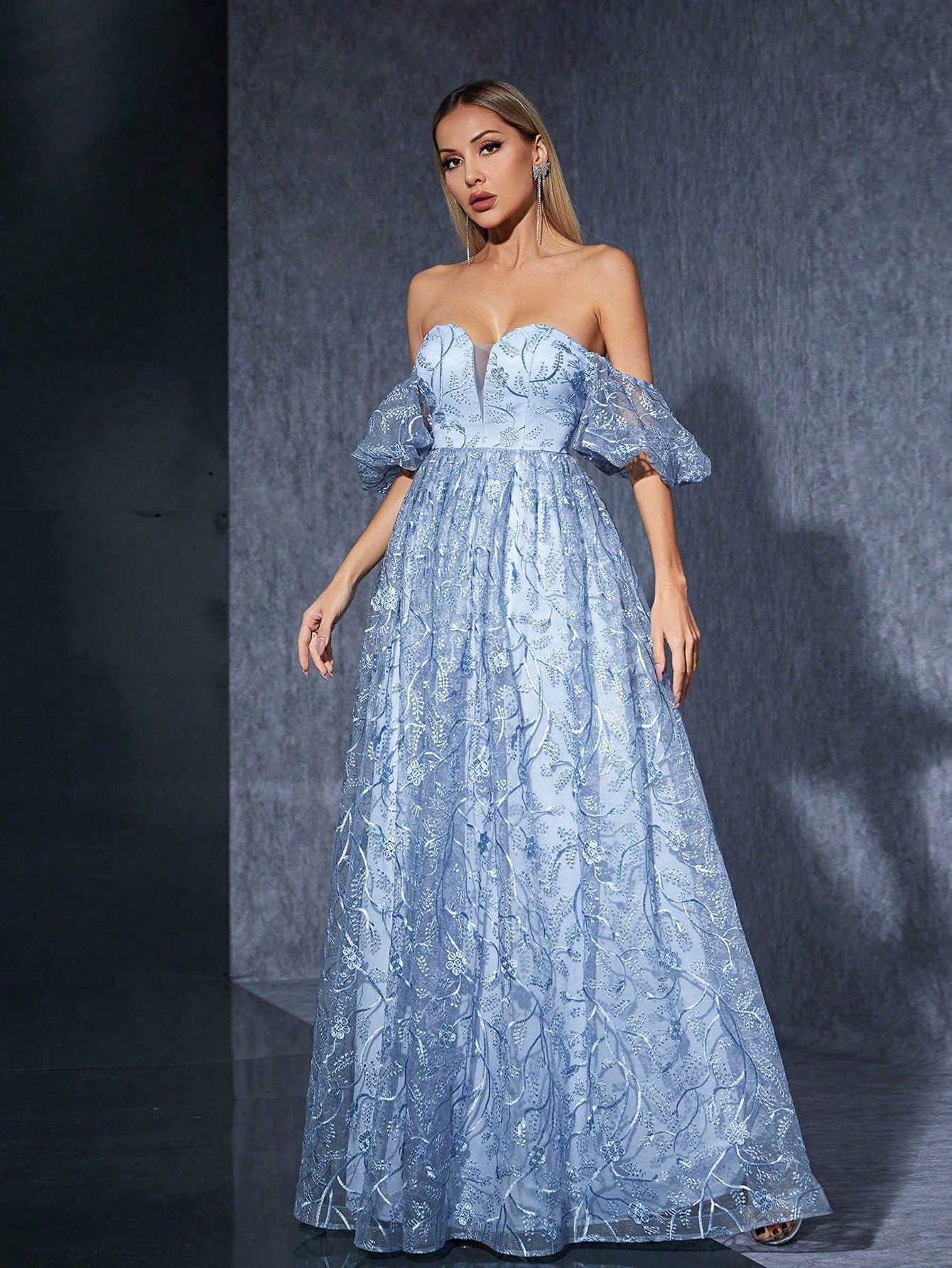 MGIACY Blue Off-Shoulder Floral Lace A-Line Dress With Puff Sleeves, Elegant Women's Summer Ball, Wedding, - image 3