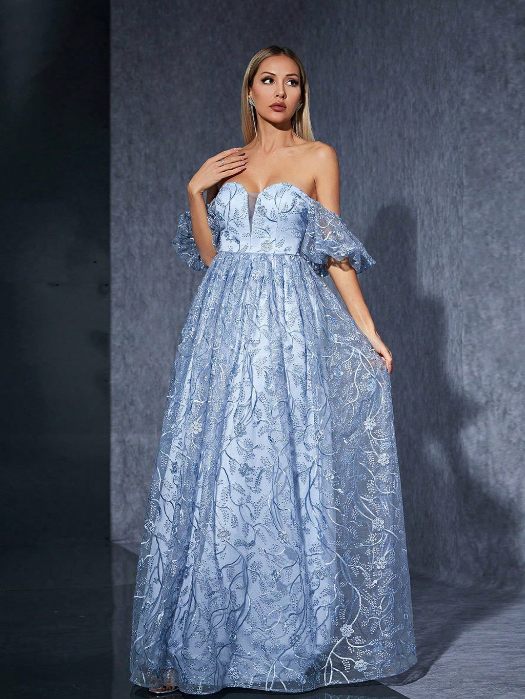 MGIACY Blue Off-Shoulder Floral Lace A-Line Dress With Puff Sleeves, Elegant Women's Summer Ball, Wedding,