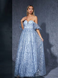 MGIACY Blue Off-Shoulder Floral Lace A-Line Dress With Puff Sleeves, Elegant Women's Summer Ball, Wedding,