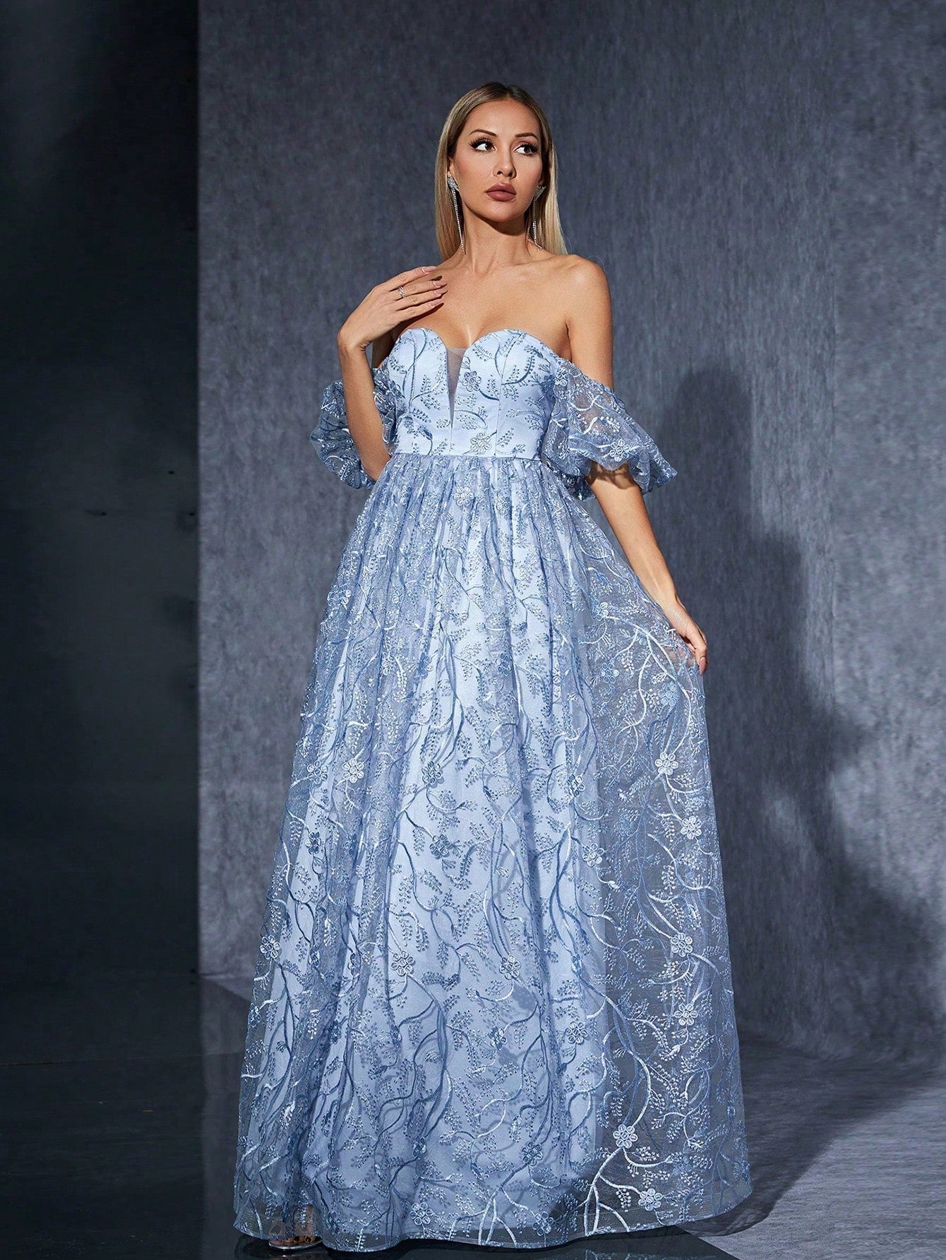 MGIACY Blue Off-Shoulder Floral Lace A-Line Dress With Puff Sleeves, Elegant Women's Summer Ball, Wedding,