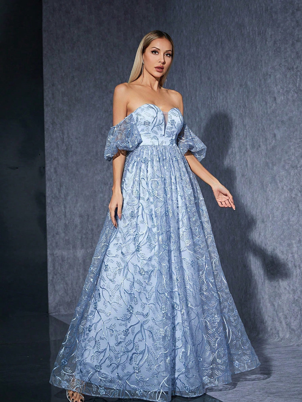 MGIACY Blue Off-Shoulder Floral Lace A-Line Dress With Puff Sleeves, Elegant Women's Summer Ball, Wedding, - image 6