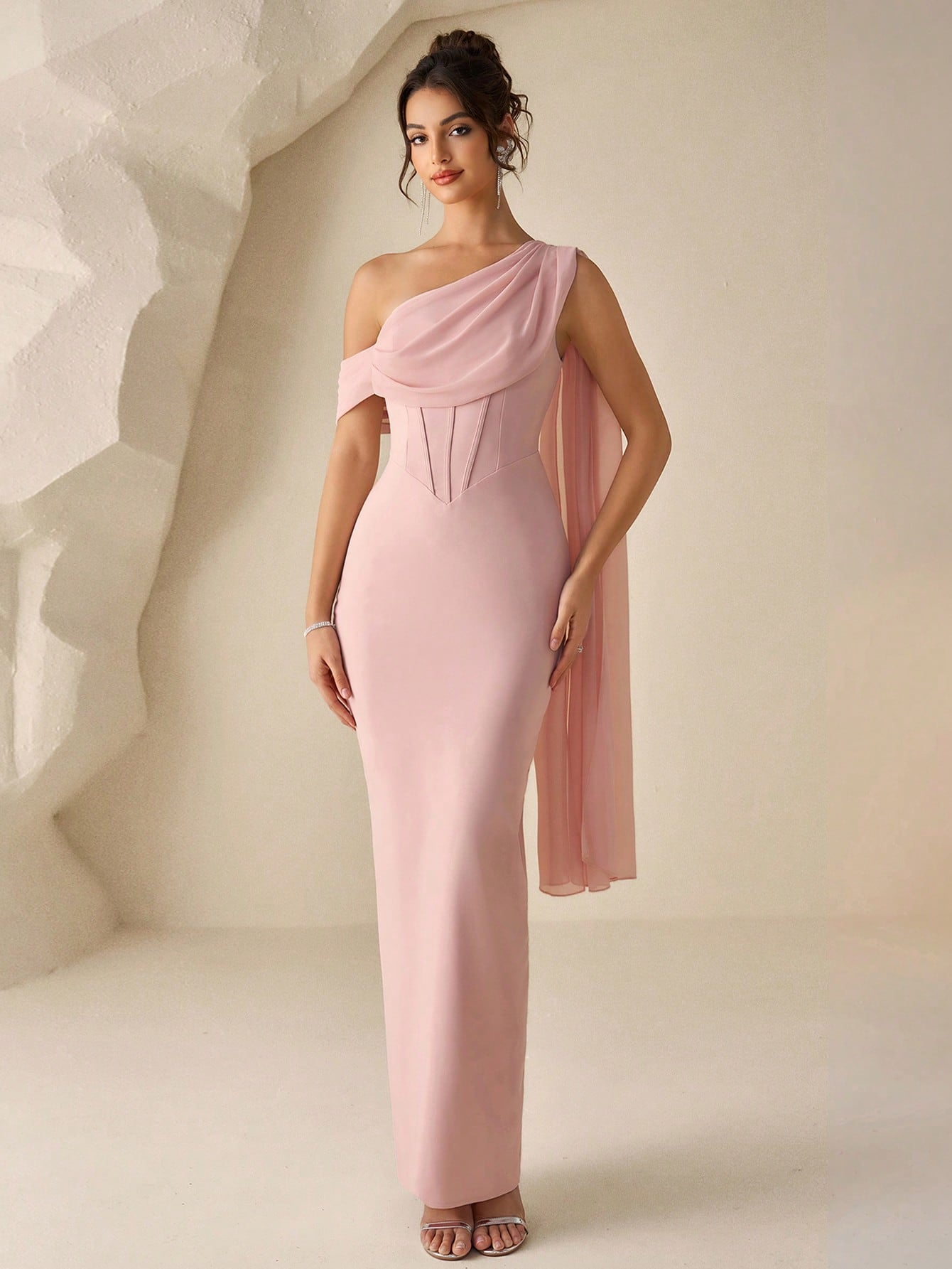 Coutiva Elegant Dusty Pink Summer One Shoulder Evening Gown,Sophisticated Formal Wedding Prom Dress,Luxury - image 8