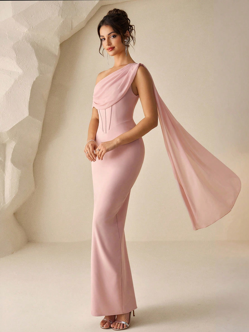 Coutiva Elegant Dusty Pink Summer One Shoulder Evening Gown,Sophisticated Formal Wedding Prom Dress,Luxury - image 4