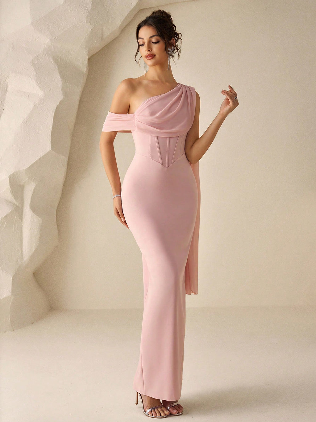 Coutiva Elegant Dusty Pink Summer One Shoulder Evening Gown,Sophisticated Formal Wedding Prom Dress,Luxury - image 5