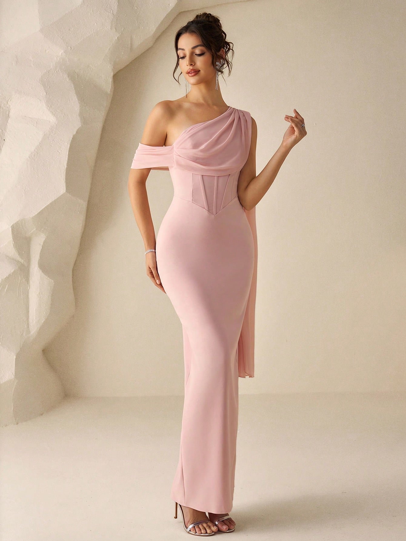 Coutiva Elegant Dusty Pink Summer One Shoulder Evening Gown,Sophisticated Formal Wedding Prom Dress,Luxury - image 5