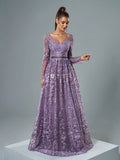 Mgiacy Lavender Floral Lace V-Neck Long Sleeve A-Line Pleated Chiffon Maxi Dress, Elegant Women's Summer