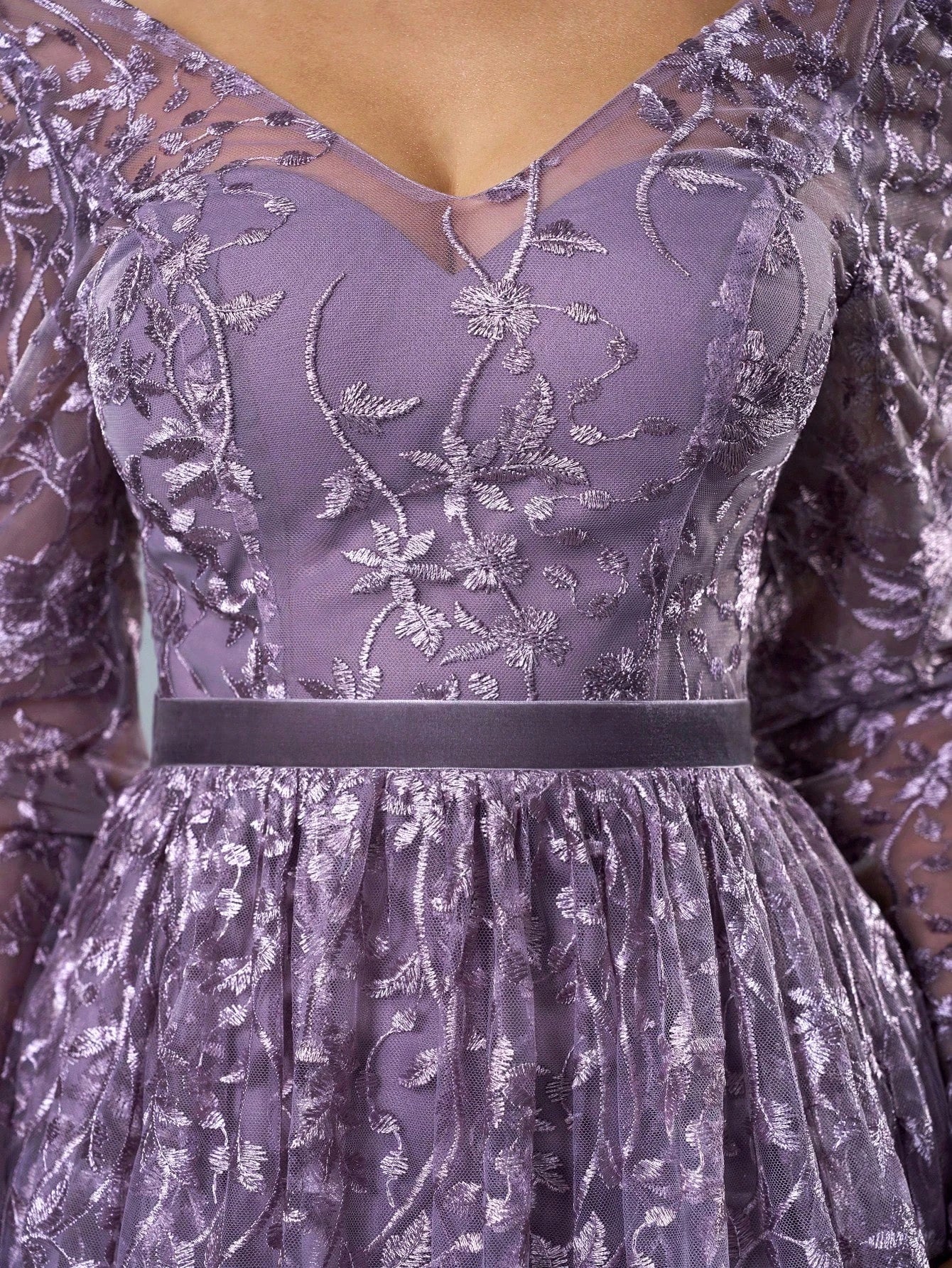 Mgiacy Lavender Floral Lace V-Neck Long Sleeve A-Line Pleated Chiffon Maxi Dress, Elegant Women's Summer - image 3