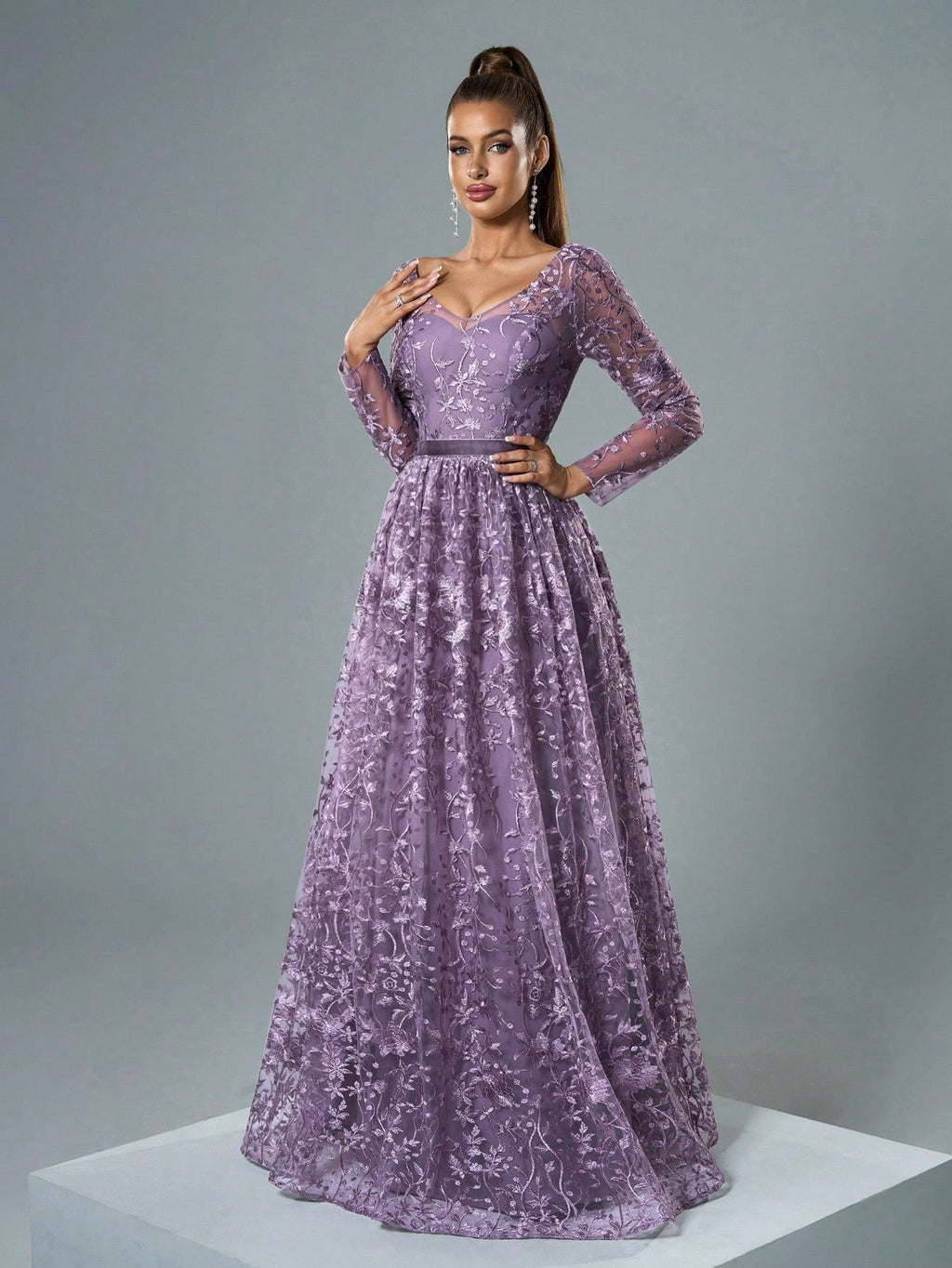 Mgiacy Lavender Floral Lace V-Neck Long Sleeve A-Line Pleated Chiffon Maxi Dress, Elegant Women's Summer - image 5