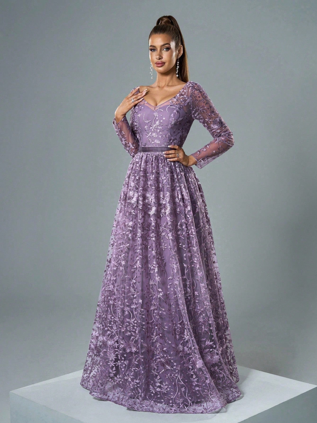 Mgiacy Lavender Floral Lace V-Neck Long Sleeve A-Line Pleated Chiffon Maxi Dress, Elegant Women's Summer - image 5