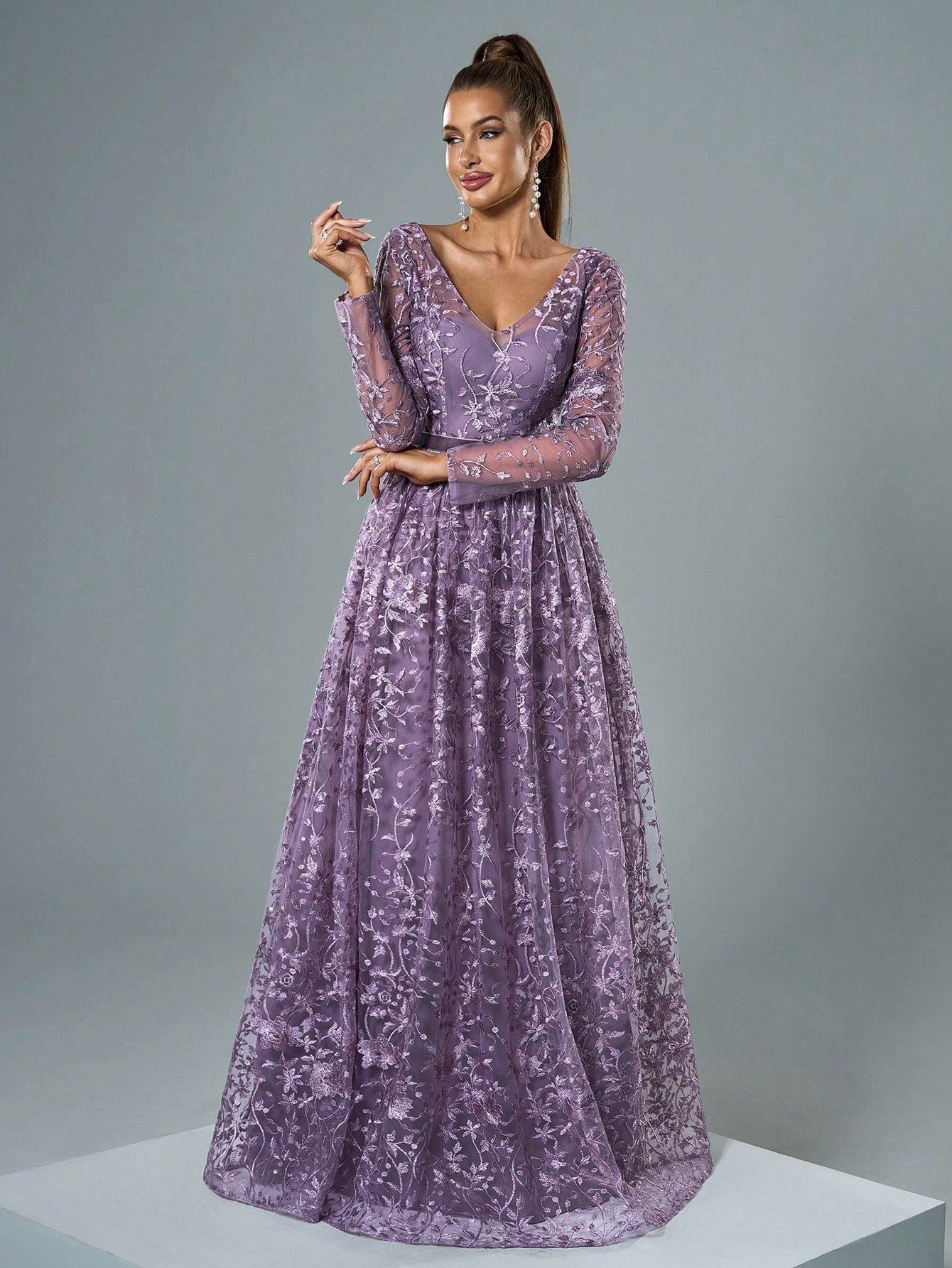 Mgiacy Lavender Floral Lace V-Neck Long Sleeve A-Line Pleated Chiffon Maxi Dress, Elegant Women's Summer - image 4