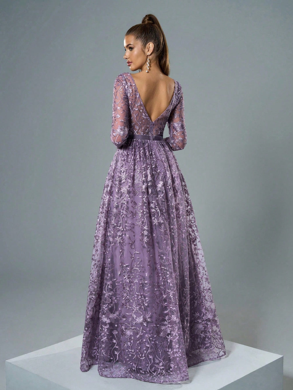 Mgiacy Lavender Floral Lace V-Neck Long Sleeve A-Line Pleated Chiffon Maxi Dress, Elegant Women's Summer - image 2