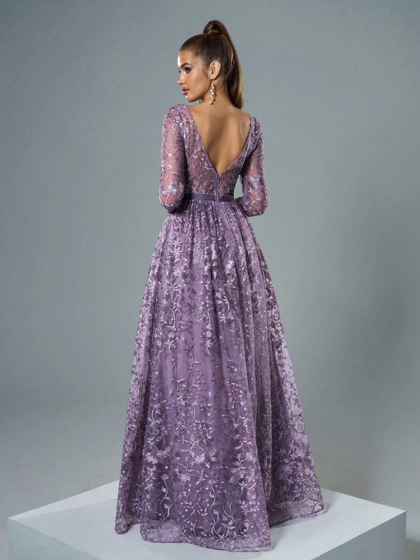 Mgiacy Lavender Floral Lace V-Neck Long Sleeve A-Line Pleated Chiffon Maxi Dress, Elegant Women's Summer - image 2